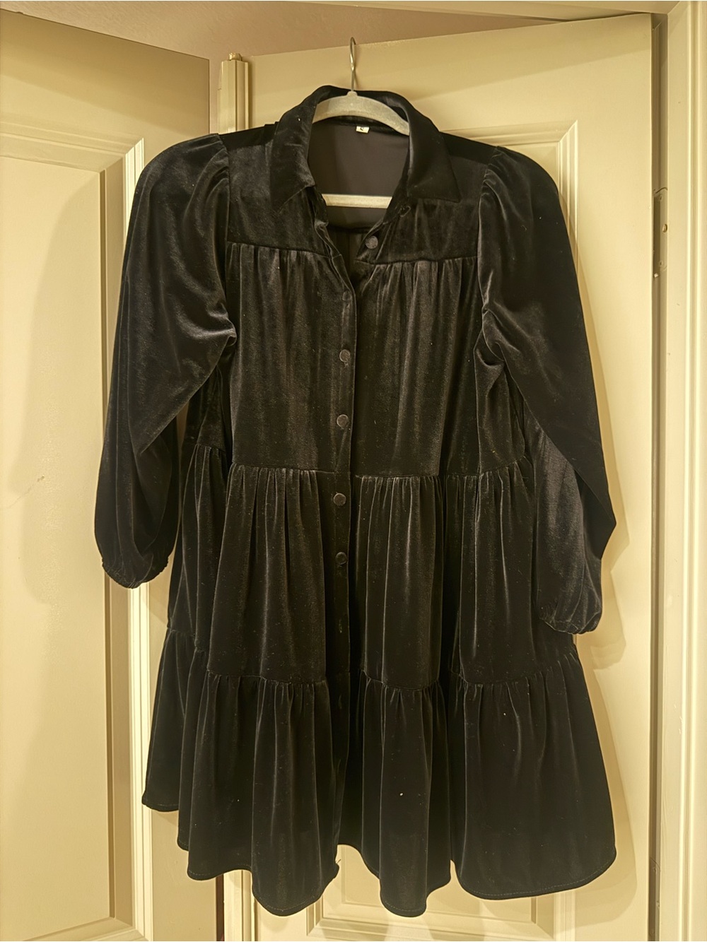 Black Velvet Tiered Button-Front Women's Dress